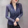 Tight Hollow Lace Shirts Spring and Autumn Long Sleeve Top Female Vintage Sexy Cross V-neck Bottoming Shirt 10634 210518