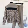 Träningsoverall Dam Leopardstickad Zip Cardigan Toppar+byxor Kostym 2ST Set Långärmad jacka Kappa Kvinna Casual Tröja Byxor Kostymer 211118