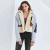 Casual Lambswool Patchwork Denim Jacket For Women Lapel Long Sleeve Short Tops Female Fashion Clothing Autumn 210524