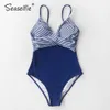 Seaselfie Sexy Azul e Stripe V-Neck Swimsuit Mulheres Spaghetti Correias Monokini Verão Praia Banheira Swimwear 210712