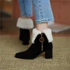 Meotina Real Wool Fur Kid Suede High Heel Ankle Boots Women Shoes Square Toe Zipper Chunky Heels Short Boots Ladies Winter 33-40 210520