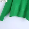 Zevity Women Simply Mock Neck Solid Green Color Casual Knitting Sweter Kobiet Chic Podstawowy Długi Rękaw Swetry Marka Topy SW900 210914