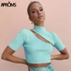 Aproms Candy Farbe High Neck Ribbed Strick T-shirt Frauen Sexy Kurzarm Strench T-shirt Damen Streetwear Weiß Crop Top 210324