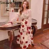 Vintage francês Midi vestido mulheres manga longa doce vestido floral noite retrô elegante um pedaço vestido coreano 2021 outono y1204