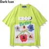 Floral Printed Fluorescent Green Tshirt Men Women Summer Short Sleeved Cotton Tee Shirts Streetwear Couple T-shirt 210603