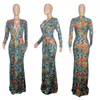 Women Long Sleeve V Neck Chic Printed Dress Elegant Evening Party Maxi Robe Dresses Casual