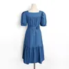 Vintage Royal Blue Casual Street Midi Long Dress Summer Retro Square Collar Loose Boho Plus Size Vestidos 210513
