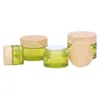 Lege olijfgroene glas cosmetische potten make-up monster containers flessen met houtnerf lekvrije plastic deksels bpa gratis voor lotion, crème, modder masker of was