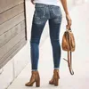 Dunkelblaue zerrissene Jeanshose für Damen, super dehnbar, dünnes Bein, Denim-Hose, Streetwear, lässig, Distressed-Hose mit Saum 211129