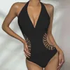 Maillot de bain noir femmes maillots de bain sexy col en V coupe haute maillot de bain femme monokini body plage baignade nager 210520