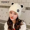YQYXCY Women's Hat Winter Beanie Velvet Thick Warm Cartoon Cat Ear Protection Knitted Cap Hats For Girl Bonnet Femme 211119