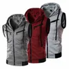 Mens Hooded Sleeveless Zip Casual Sweatshirt Hoodies Summer Autumn Solid Color Cotton Jacket Vest Waistcoats Top 211023