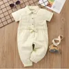 Baby Boy Girl Romper Jean Spädbarn Toddler Barnknapp Jumpsuit Kortärmad Casual Total Sommarfjäder Kläder 1-6Y 220211