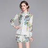 Fashion Women Two-Piece Set Elegant Sexy Slim Print Floral Turn-Down Collar Long Sleeve Shirt Top And Shorts Ladies Suit 210525