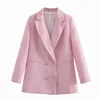 Elegante Tweed Rosa Dupla Breasted Mulheres Blazer Jaqueta Casaco Primavera Outono Escritório Senhora Simples Chique moda casaco de rua 210521