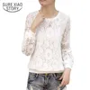 Primavera Casual Manga Longa Mulheres Mulheres Beading Lace Gancho Flor Camisa Blusa O-Pescoço Tops Blusas D249 30 210521