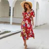 Kvinnor Floral Print Beach Dress Sommar Boho Maxi Sundress Kortärmad Elegant V-Neck Partywear Vestidos Vacation Dresses 210514