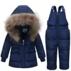 Manteau à capuche en fourrure pour enfants, fille et garçon de 2 à 4 ans, costume de Ski, veste et pantalon à bretelles, ensemble de vêtements d'hiver