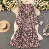 Spring Broken Flower Age Reduction Vestidos Female Round Neck Puff Sleeve Lace-up Waist Thin Temperament Midi Dress C738 210506