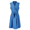 Frauen Kleider ärmelloses gekerbtes festes Marineblau mit Bogenschärpen Sommer A-Linie Strand Bürokleid Plus Größe 5XL Party Vestidos 210323