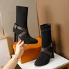 Socks boots women shoes Knitted elastic boot sexy letter fashion electric embroidery letters plus water wash velvet high heels height 9.5cm booties size 35-42