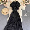 Neploe Temperament Mature Dress Women High Waist Hip Pleat Design A Line Vestidos Turn Down Collar Short Sleeve Robe Summer X0705