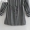 Zevity Women Vintage Black White Striped Print Sashes Mini Dress Female Chic O Neck Long Sleeve Straight Vestido DS5078 210603