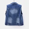 5XL Plus Size Sleeveless Women's Vest Summer Denim Waistcoat Fashion Casual Short Jeans Jacket Beaded Holes Slim Coat 210915