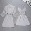 Marque sexy femmes robe robe ensembles twinest peignoir + mini robe de nuit deux pièces vêtements de nuit femmes sommeil ensemble fausse soie 210518