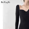 BEIYINGNI Sıska Bodycon Midi Elbise Kadın Vintage Rahat Uzun Kollu Örme Kazak Elbiseler Bayanlar Ince Temel Sokak Elbiseleri Y1204