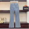 Women Summer Causal Two-Piece Set Loose Lace Up Stripe Ruffle Spliced Puff Sleeve Shirt Split Denim Flare Pants T3043 210514