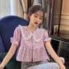 Francesa Retro xadrez Blusa Mulheres Verão Pedra Pan Colares Vintage Camisa Feminina Suff Manga Ruffle Chegada Coreana Roupas 210604