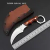 Vente Flash Couteau Karambit D2 lame en acier, manche en bois de rose, lame fixe, couteaux à griffes tactiques avec gaine en cuir