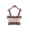 Women Fashion With Ruffles Crochet Knitted Tank Top Vintage Square Collar Wide Straps Female Camis Mujer 210521