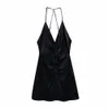 Women Dress Velvet V-Neck Thin Cross-Straps Sleeveless Gathered Mini Dress Elegant Fashion casual Dresses 210709