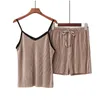 Jocoo Jolee Women Summer Loose Sleeveless Casual Pleated Tops and Elastic Waist Solid Lace Up Ice Silk Shorts 2 Pieces Set 210518