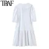 Kvinnor söt mode broderi ruffled vit mini klänning vintage peter pan krage puff ärm kvinnlig klänningar mujer 210507