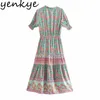 Vestido de verano Mujeres Estampado floral Vacaciones Boho Femenino Lace Up V Cuello Manga corta Cordón Cintura Casual Largo 210430