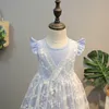 Summer Girls 'Dress Stripe Lace Coreano Falso Due Flying Sleeve Party Princess Abbigliamento per bambini per bambini 210625