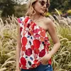 Été Femmes Sexy Imprimer Floral Volants Sans Manches T-shirt Dos Nu Incliné Épaule Slash Cou Tops Dames T-shirt 210608