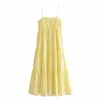 Vestidos mulher verão amarelo deslizamento longos mulheres sem encosto ruched beach midi plissado casual mulheres 210519