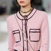 Cárdigan de punto de cuello redondo a rayas rosas para mujer primavera otoño jersey fino diseñador de lujo Vintage Elegent