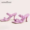 Sophitina Sondals Женщина Мульс Таппер Таппер Розовый Молодой Слома Сплошной скольжение на высоком каблуке квадратный носок Offcie Lady Shoes PB67 210513