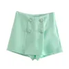 Double buttons women's short pants summer Solid green elegant casual for lady Fashion slim crop female 210430