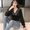 V-neck Woman Shirt Vintage Lace Women Blouse Solid Deep Pleuche Top Style Panel Long Sleeve Office Lady Clothes 10563 210527