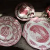 England Classical Pink Castle Style Porcelain Dishes & Plates Red Manor Garden Dinner Plate Ceramic Kitchen Plate BBQ Dessert Cake Dishe Pizza Fruit Tray