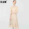 [EAM] Kobiety Beżowy Wzór Drukowane Szczur Długa Dress Square Collar Krótki Rękaw Loose Fit Fashion Spring Summer 1DD89700 21512