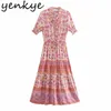 Vestido de verano Mujeres Estampado floral Vacaciones Boho Femenino Lace Up V Cuello Manga corta Cordón Cintura Casual Largo 210430