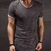 Mode Zomer Ripped Clothes Men Tee Hole Solid T-shirt Slim Fit O Hals Korte Mouw Spier Casual Jersey Tops T-shirts Y0322