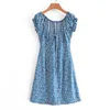 Fashion Round Neck Short Sleeve Women Fresh Blue Floral Dress Vintage Holiday Wind Chic Female Mini Dresses Vestidos Mujer 210507